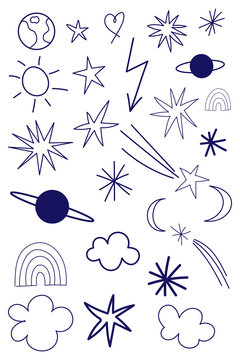 Navy blue celestial doodle icon set. Hand-drawn stars, moon, sun, planets, rainbow, cloud, heart, lightning bolt on transparent background for scrapbooking, journaling, social media, creative design