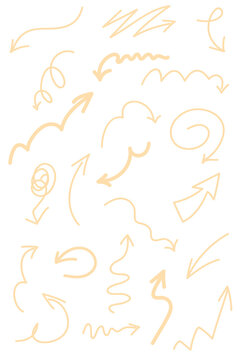 Cream, off white hand-drawn arrow doodle icon set. Sketchy directional arrows, curved lines, and wavy mark. High-res vector illustration. For creative design, annotations, signage, infographics. PNG