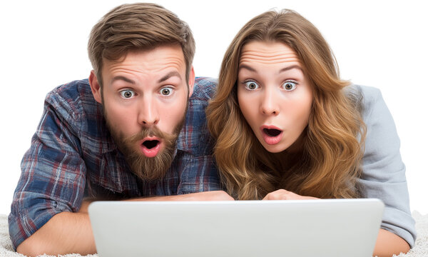 Young couple with shocked expressions looking at a laptop screen isolated on a transparent background