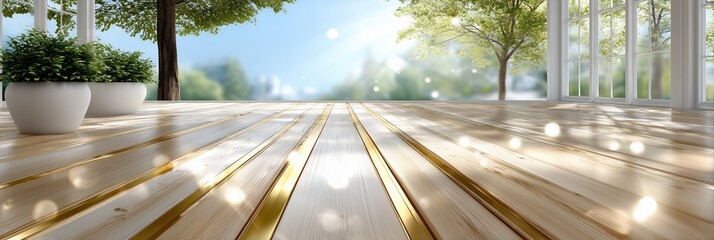 Fototapeta premium Sunny wooden deck with potted plants and large windows overlooking a green landscape