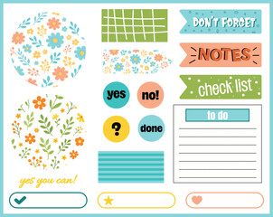 Cute Weekly & Daily Planner Stickers Set &ndash; Pastel Bloom Green Pink Light Blue Digital Bullet Journal and School Diary Vector Collection. Cute Floral Planner Sticker Template.