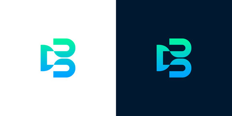 Abstract letter B logo design with blue and green gradient on white and dark backgrounds © Eunois