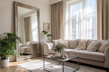 Fototapeta premium Sophisticated living space showcasing a statement mirror and elegant curtain styling