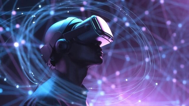 African American man wearing virtual reality headset immersed in futuristic neon digital network metaverse background