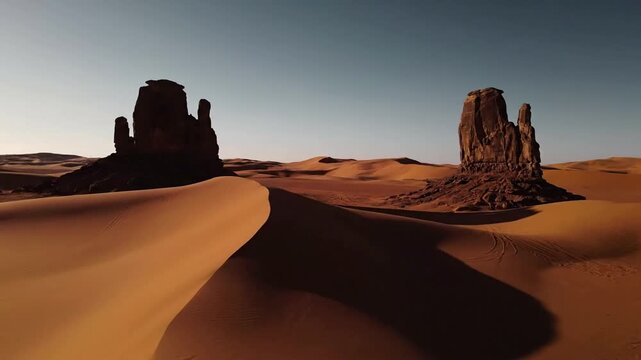 Dramatic Light & Shadow Play Showcase the interplay of strong top light creating long, defined shadows across a desolate desert landscape, highlighting the tritone contrast between lit and shadowed