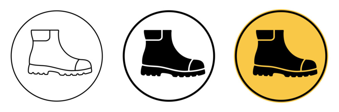 Safety Shoes icon et in line, silhouette and colored style. PPE Footwear Required Symbols. Industrial Work Boot Safety Icons useful for construction site signage and factory compliance posters