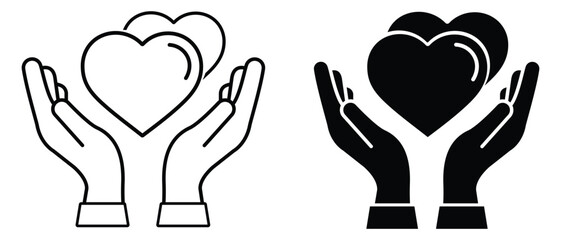 Obraz premium Heart on hand icon line and silhouette. Icon depicting two hands gently holding a heart. Two hands protecting a heart. Vector illustration. 