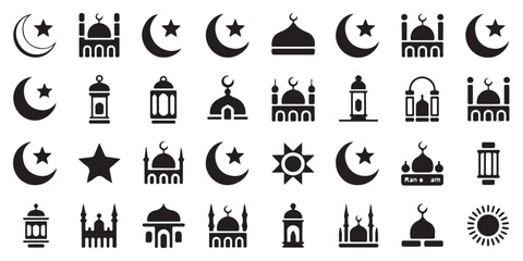Comprehensive Islamic Religious Icons. Vector Set for Ramadan and Eid Celebrations: Mosque, Crescent Moon, Star, Lantern, Sun.