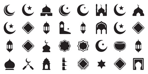 Islamic Vector Icon Set with Mosque Silhouettes and Traditional Symbols