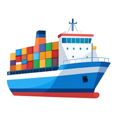 Cartoon container ship sailing, filled with colorful cargo. Bright, isolated, with blue hull and white superstructure