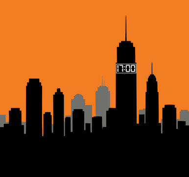 5pm Sunset Cityscape Black Silhouette Vector