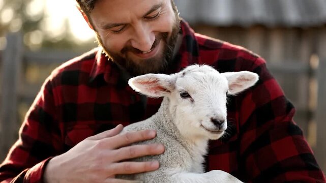 A smiling man in a red plaid shirt holds a lamb, showcasing mutual affection in the outdoors