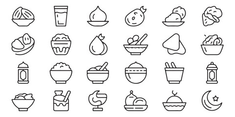 Assortment of Ramadan and Iftar Meal Outline Icons, a vector set for Islamic festive food and drink designs.