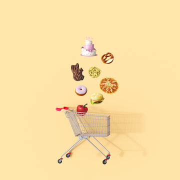 3d rendering of shopping cart with various floating food items