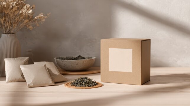 Studio-style photo of a tea box with empty label area and tea leaves for branding design