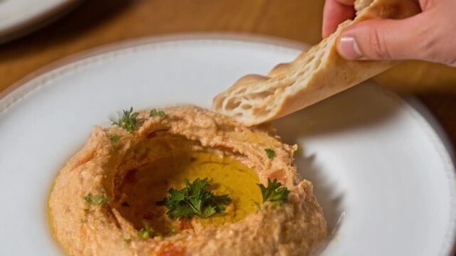 Close up of hand dipping pita bread into fresh creamy hummus with olive oil and parsley