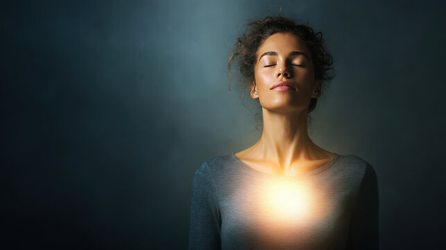 A calm woman with closed eyes and a soft inner light, awareness, inner peace, spiritual energy and emotional balance
