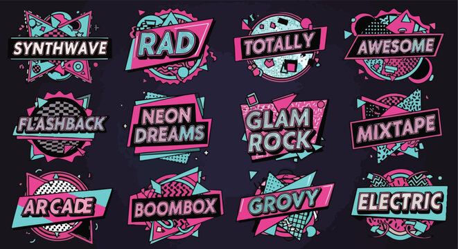 Retro 80s Synthwave Badges. Vintage Pop Culture Labels. Graphic Design Elements.