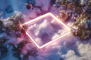 Illuminated Frame in Snowy Winter Landscape
