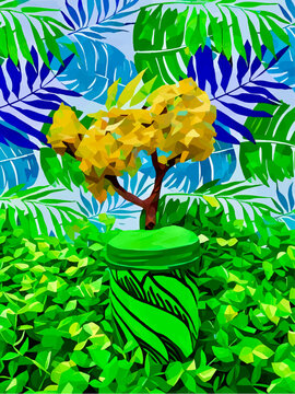 Yellow tree growing in pot among green grass, weed against background with blue leaves pattern; low poly vector illustration for gardening, spring, summer, autumn, seasonal, development, nature design