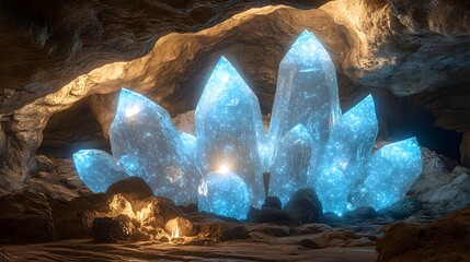 Numerous glowing blue crystalline formations illuminate a cavern interior with earthen surroundings.