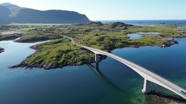 Landscape with a view of the Fredvang Bridges and the European North Sea.. Fredvang in the Lofoten Islands in Norway.