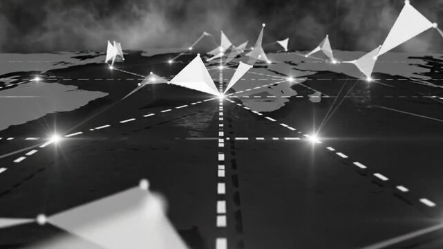 Global digital network connectivity concept with illuminated points, triangles, and lines over the world map