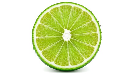 A single slice of fresh lime, cut and isolated on a plain background, viewed from directly above