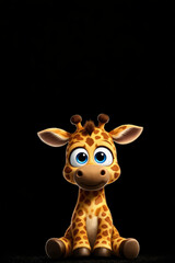 Fototapeta premium Adorable 3D Baby Giraffe Sitting with Big Blue Eyes on Black Background