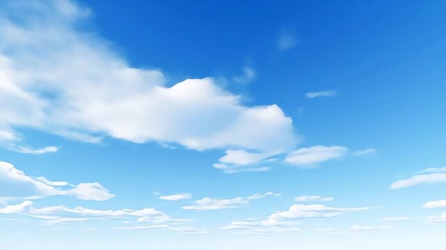 Beautifully lit white cumulus clouds drift across a vast, clear, bright blue sky, evoking a sense of peace and openness