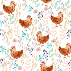 Vector watercolor farm seamless pattern with chicken. Cute cartoon character.