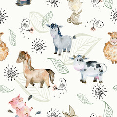 Watercolor vector farm seamless pattern with animals. Cute cartoon characters.