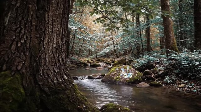 Tranquil Woodland Stream Gentle flow of water with tritone reflections and iridescent surface effects.