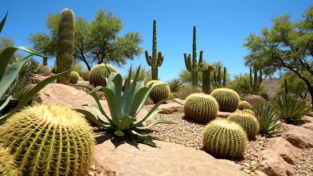 A sunny desert landscape showcases various cacti and succulents with a cloudless blue sky