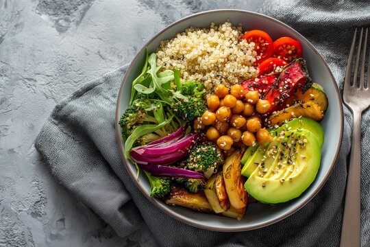 Roasted vegetable and quinoa buddha bowl on stone surface