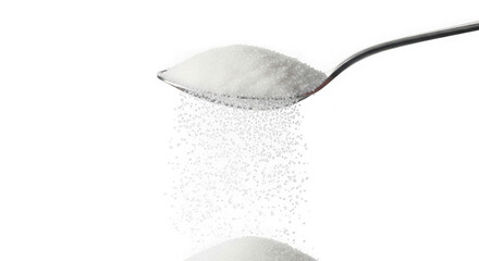 A spoon full of white sugar pouring down isolated on white background transparent background