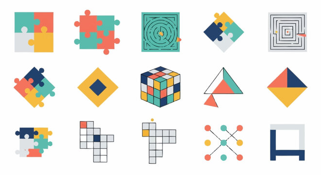Collection of Various Geometric Puzzles and Shapes.