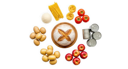 Assorted food items including bread rice pasta tomatoes apples potatoes and canned goods arranged in circle transparent background