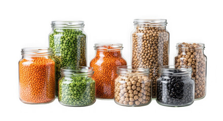 Assortedlegumesinglassjarsforcookingandbaking isolated on white background transparent background