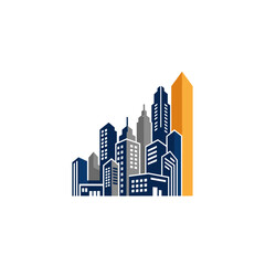 Obraz premium Modern graphic logo featuring a stylized cityscape with blue and grey buildings and an orange upward-pointing growth arrow.