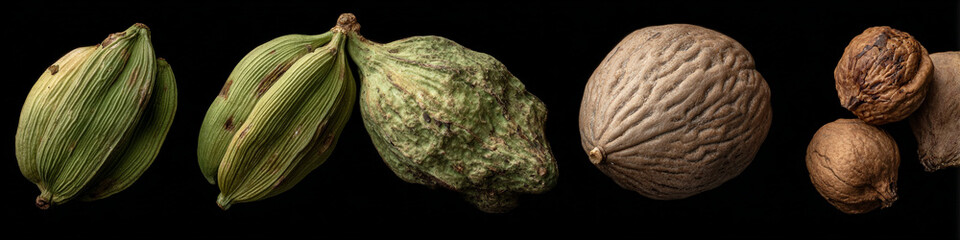 Naklejka premium A collection of cacao pods and nuts on a black background