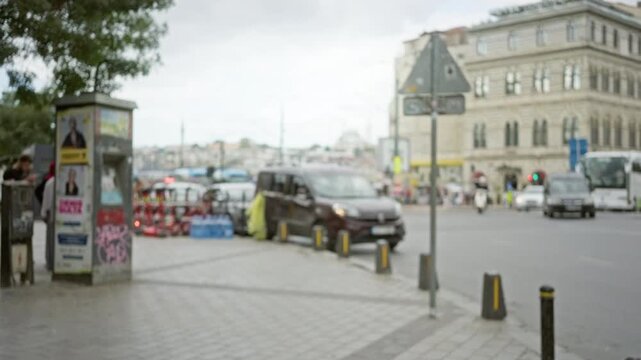 Defocused istanbul street scene with soft bokeh background street under overcast light and distant traffic; background backplate copyspace.