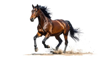 Obraz premium Majestic Brown Horse Galloping Freely on White Background.