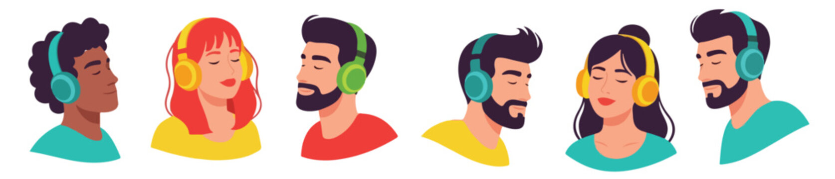 Modern flat vector collection of a person immersed in music with headphones, simple minimalist style, outline-free, bold bright hues
