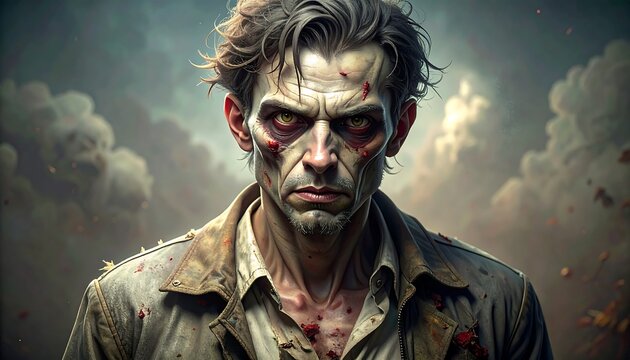 Intense Zombie Portrait Against a Cloudy Sky Backdrop.