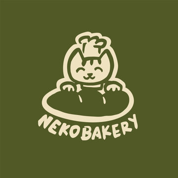 Nekobakery line art retro mascot cute cat chef bakery baking pastry coffee cafe restaurant bistro simple hand drawn logo