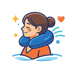 A woman with closed eyes and a smile wears a blue travel pillow, surrounded by cheerful elements like stars and a heart, suggesting relaxation and well-being