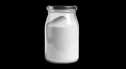 Glass bottle filled with white powder with silver cap on dark background transparent background