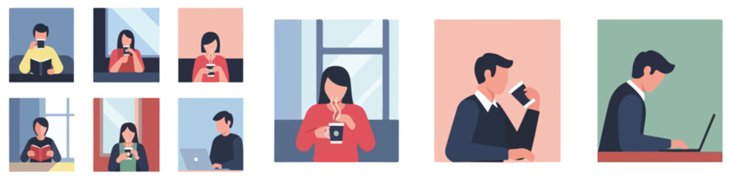 Vector illustration set of a person drinking coffee alone, flat design, simple shapes, no outline, modern bright colors