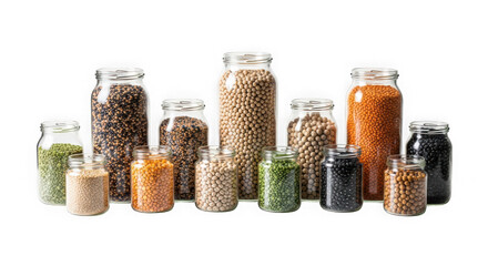 Glass jars filled with various types of grains and seeds  healthy food storage transparent background